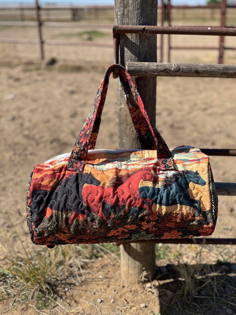 Quilted Horses Print Travel Duffel Bag in Multicolor
